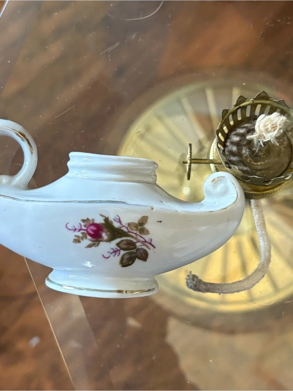 2 Vintage genie porcelain oil lamps mini novelty floral print made in Japan